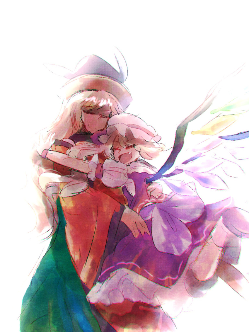 2girls bangs black_headwear blonde_hair bow brown_footwear brown_headwear cape closed_eyes closed_mouth detached_sleeves dress eyebrows_visible_through_hair fang flandre_scarlet flying green_skirt hair_between_eyes hat hat_ribbon highres hug long_hair long_sleeves matara_okina mob_cap multicolored multicolored_wings multiple_girls nadekomari open_mouth orange_cape ponytail puffy_short_sleeves puffy_sleeves red_dress red_ribbon ribbon shirt shoes short_hair short_sleeves simple_background skirt smile socks standing teeth tongue touhou white_background white_bow white_headwear white_legwear white_shirt wide_sleeves wings