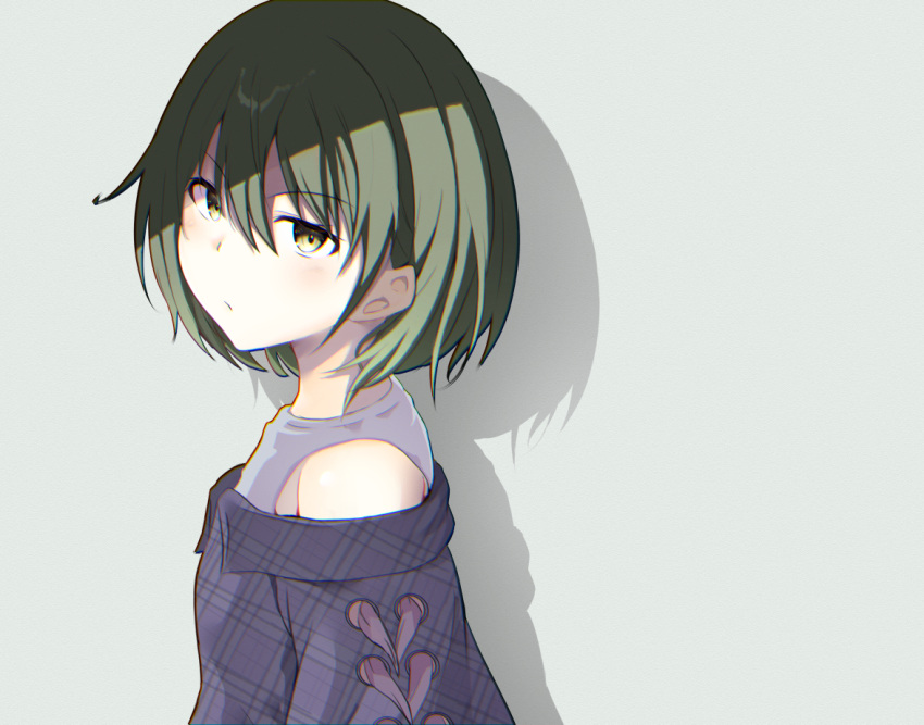 1girl bangs bare_shoulders black_sweater blush brown_eyes cac_itinose closed_mouth commentary_request drop_shadow eyebrows_visible_through_hair from_side grey_background hair_between_eyes idolmaster idolmaster_shiny_colors looking_at_viewer looking_to_the_side nanakusa_nichika off-shoulder_sweater off_shoulder shirt short_hair sleeveless sleeveless_shirt solo sweater upper_body v-shaped_eyebrows white_shirt