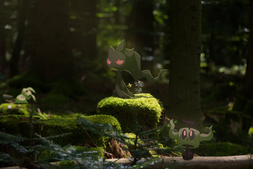 absurdres banette blurry blurry_background forest from_side glowing glowing_eyes highres mimikyu nature outdoors phantump pokemon pokemon_(creature) real_life_insert red_eyes shirotani standing teeth tree