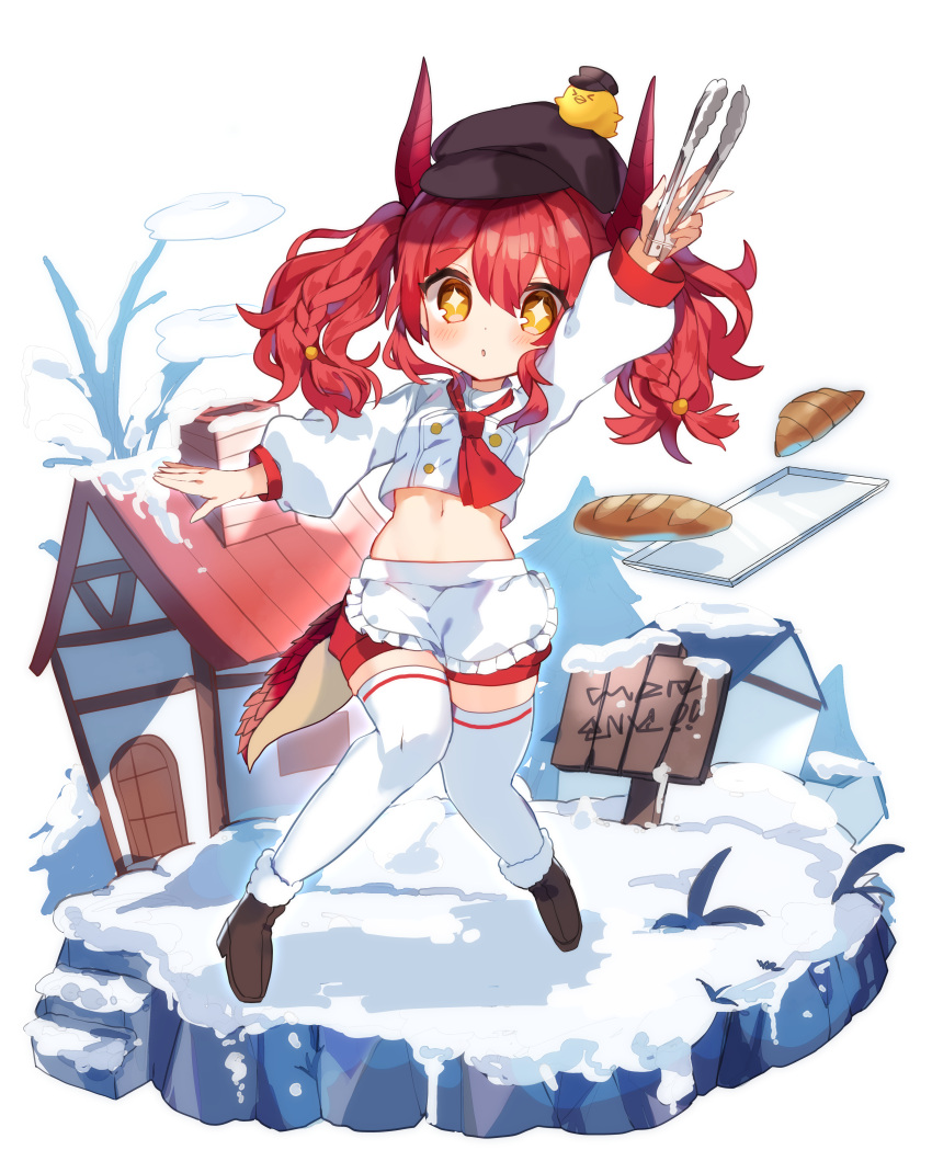+_+ 1girl :o absurdres apron baguette black_headwear blush braid bread buttons cabbie_hat dot_nose double-breasted dragon_horns dragon_tail food hand_up hat highres holding horns house long_hair long_sleeves looking_at_viewer midriff navel neckerchief noi_mine original red_neckerchief red_shorts redhead shirt shorts sign snow solo tail thigh-highs tongs tray twintails waist_apron white_apron white_legwear white_shirt yellow_eyes