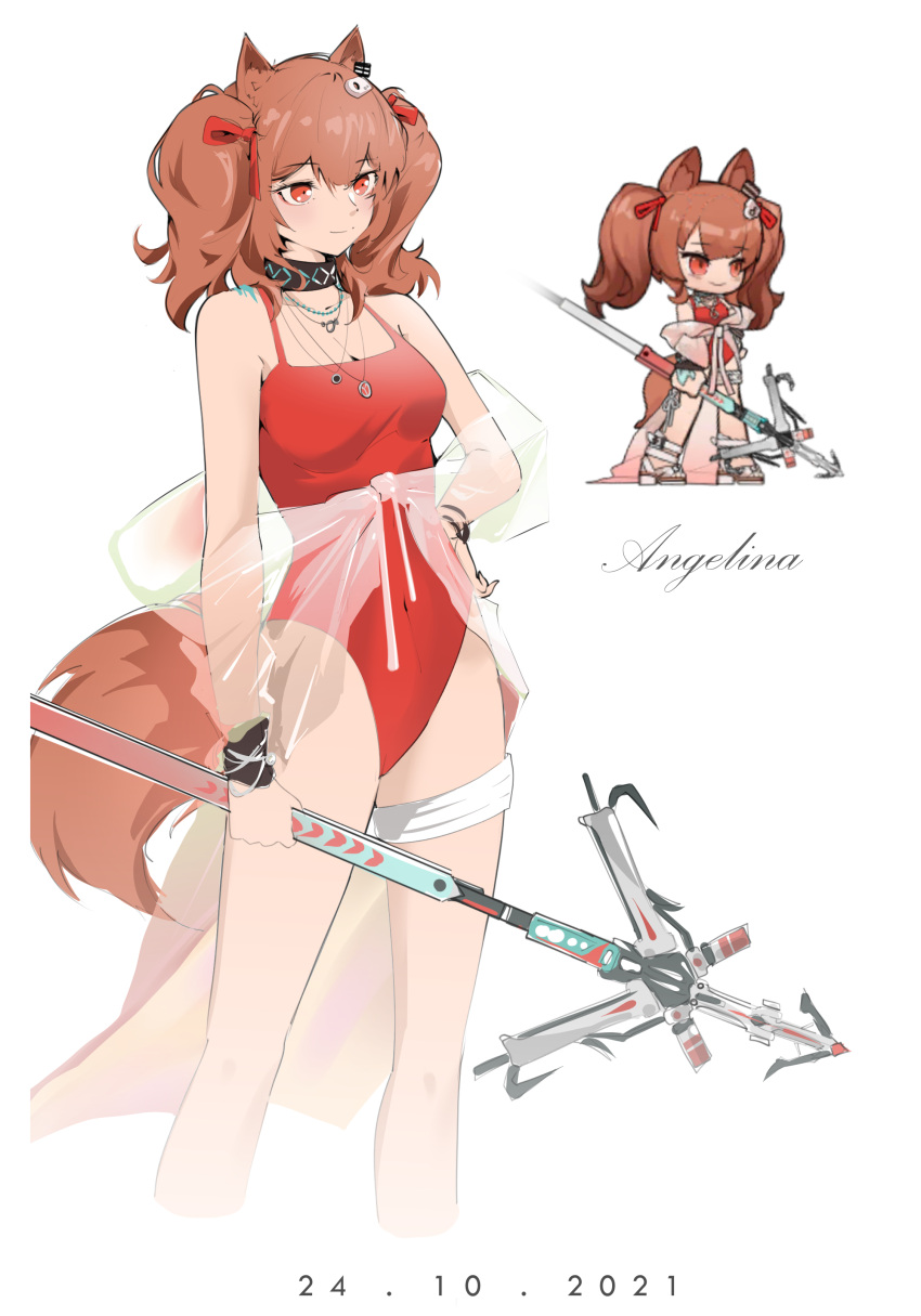 1girl absurdres angelina_(arknights) angelina_(summer_flowers)_(arknights) animal_ears arknights bangs bare_legs bare_shoulders black_choker breasts brown_hair character_name chibi choker eyebrows_visible_through_hair fox_ears hair_ribbon highres holding holding_staff khrnnfz long_hair multiple_views one-piece_swimsuit red_eyes red_ribbon red_swimsuit ribbon simple_background small_breasts smile spaghetti_strap staff standing swimsuit thigh_strap thighs twintails white_background