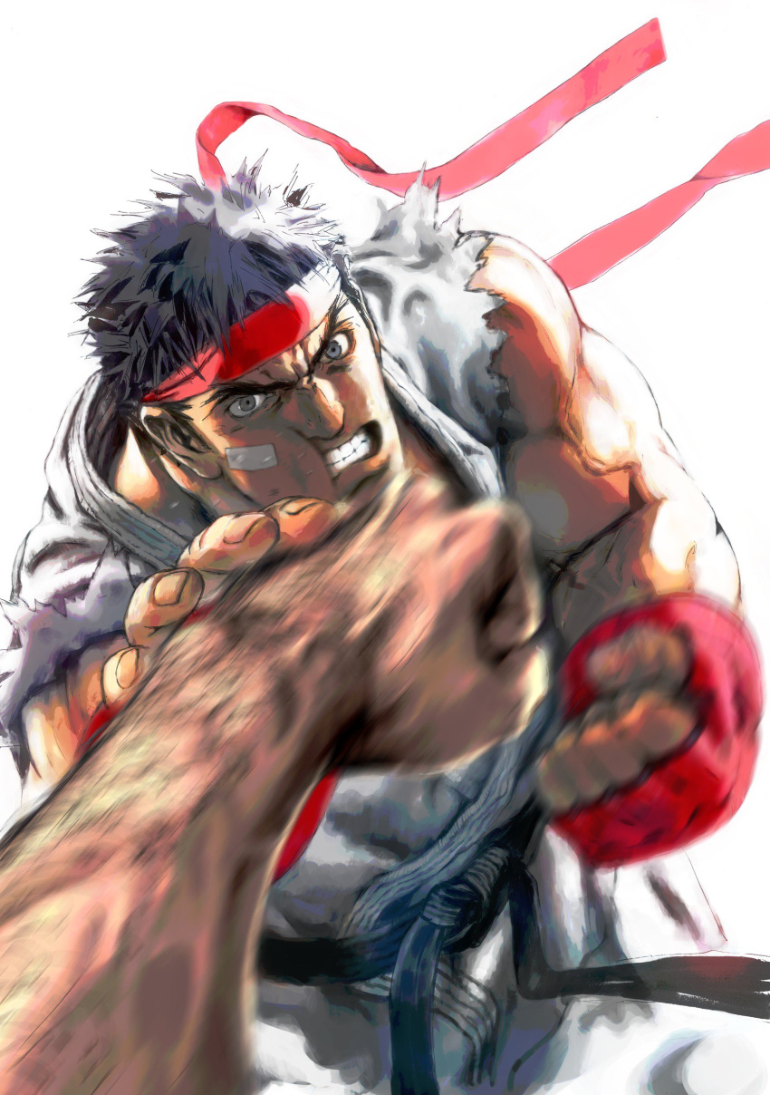 absurdres bandage_on_face bandages black_hair dougi fingerless_gloves gloves headband highres looking_at_viewer male_focus muscular official_art punching ryu_(street_fighter) simple_background street_fighter street_fighter_ii_(series) white_background yasuda_akira
