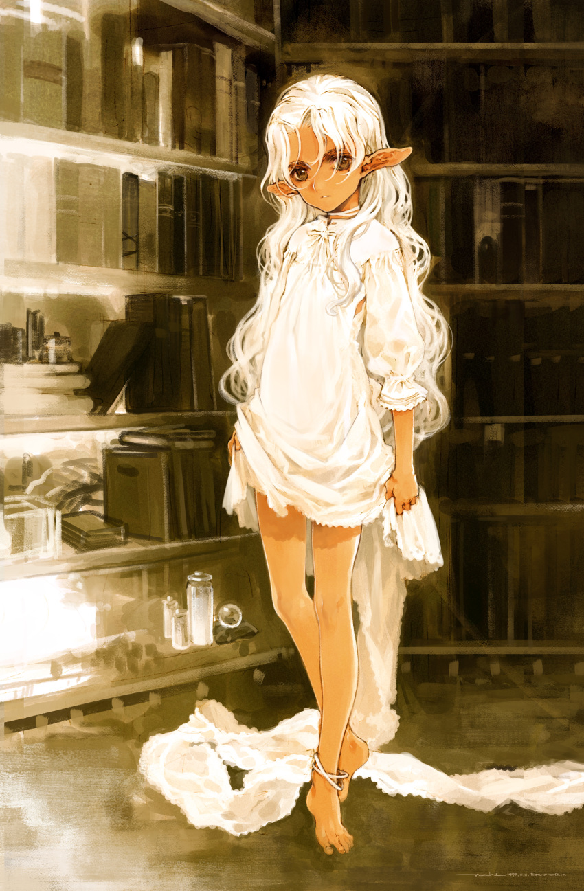 1girl absurdres anklet barefoot book bookshelf brown_eyes dark-skinned_female dark_elf dark_skin dated dress elf flat_chest full_body highres jewelry long_hair looking_at_viewer monochrome_background neck_ribbon nightgown original oyari_ashito parted_lips pointy_ears ribbon signature solo white_dress white_hair white_ribbon