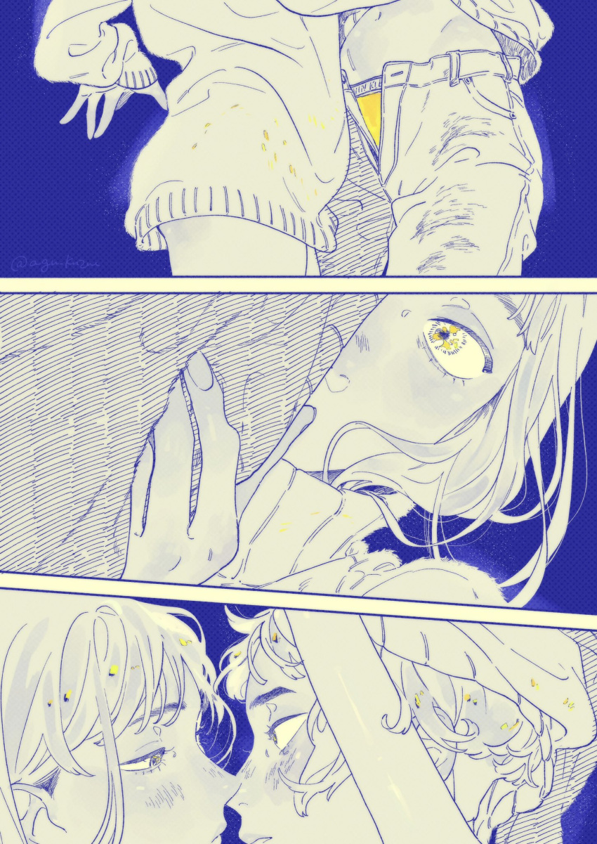 2girls agu_knzm blue_background blush commentary_request eye_contact highres imminent_kiss limited_palette long_sleeves looking_at_another multiple_girls original pants parted_lips partially_unzipped short_hair sweater turtleneck turtleneck_sweater twitter_username undressing yellow_eyes yuri