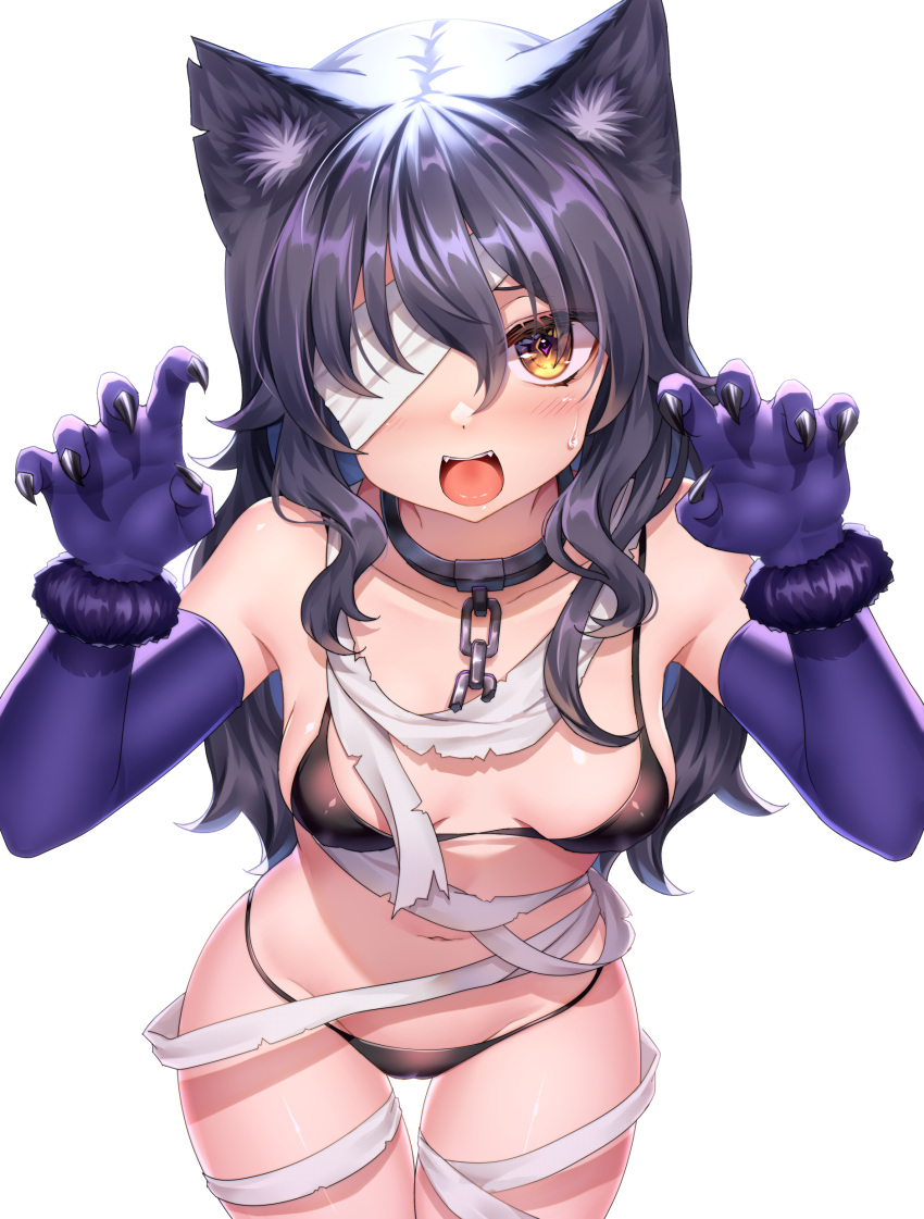 1girl absurdres animal_ear_fluff animal_ears bandage_over_one_eye bandages bangs bikini black_bikini black_hair blush breasts chain claw_pose collar collarbone diamond-shaped_pupils diamond_(shape) elbow_gloves fangs fingernails gloves groin highres long_hair looking_at_viewer medium_breasts navel neit_ni_sei open_mouth original purple_gloves sharp_fingernails simple_background skindentation solo string_bikini sweatdrop swimsuit symbol-shaped_pupils teeth thigh_gap tongue upper_teeth white_background yellow_eyes