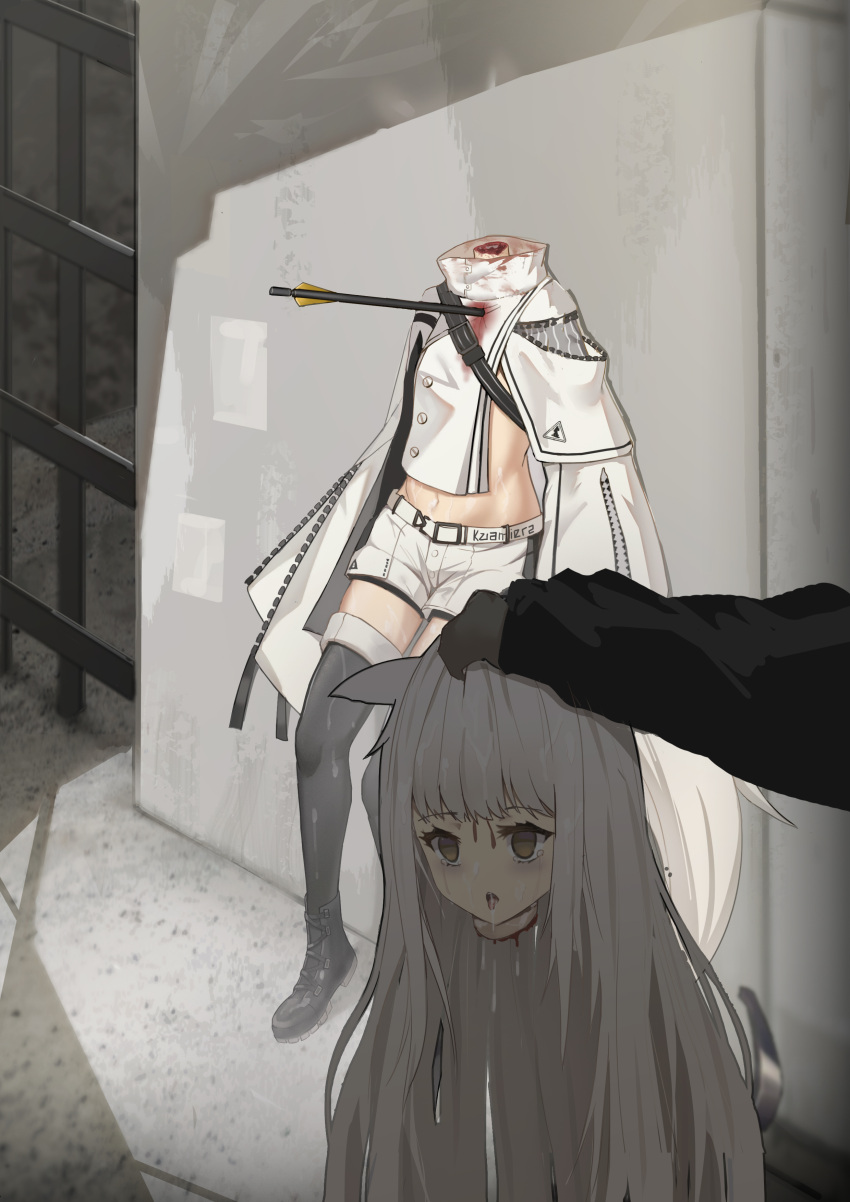 1girl absurdres amputee arknights arrow_(projectile) belt black_footwear black_legwear blood clothes_writing coat empty_eyes full_body guro highres holding impaled injury long_hair midriff navel out_of_frame platinum_(arknights) shorts solo_focus thigh-highs white_belt white_coat white_hair white_shorts xzhe yellow_eyes