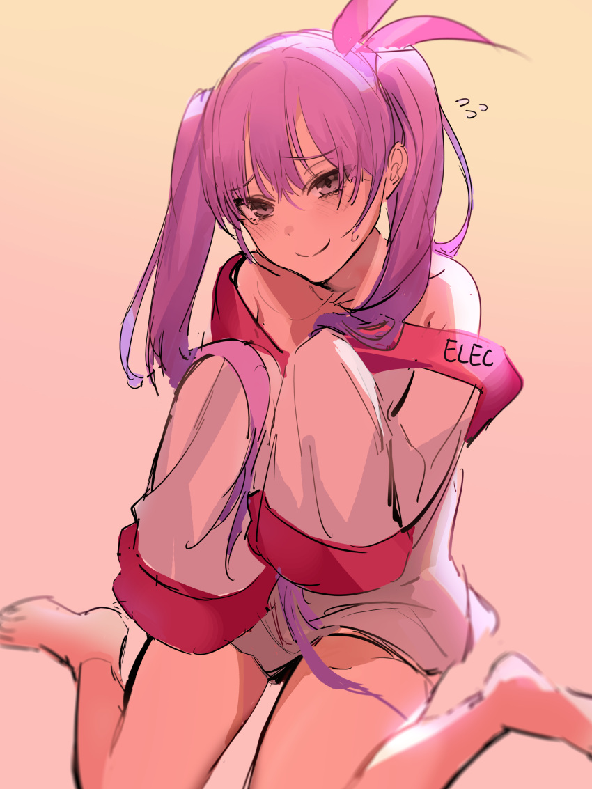 1girl absurdres bare_legs blush highres knees_together_feet_apart off_shoulder original oversized_clothes pink_eyes pink_hair sitting sketch sleeves_past_wrists smile solo tsurime twintails uthy