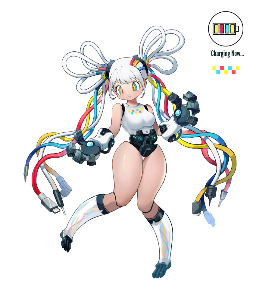 1girl audio_jack blue_eyes breasts cable electric_plug fewer_digits full_body grey_hair highres humanoid_robot joints long_hair mechanical_hands medium_breasts multicolored_eyes original pigeon-toed red_eyes robot_joints solo theskittycat thick_thighs thigh_gap thighs twintails white_background