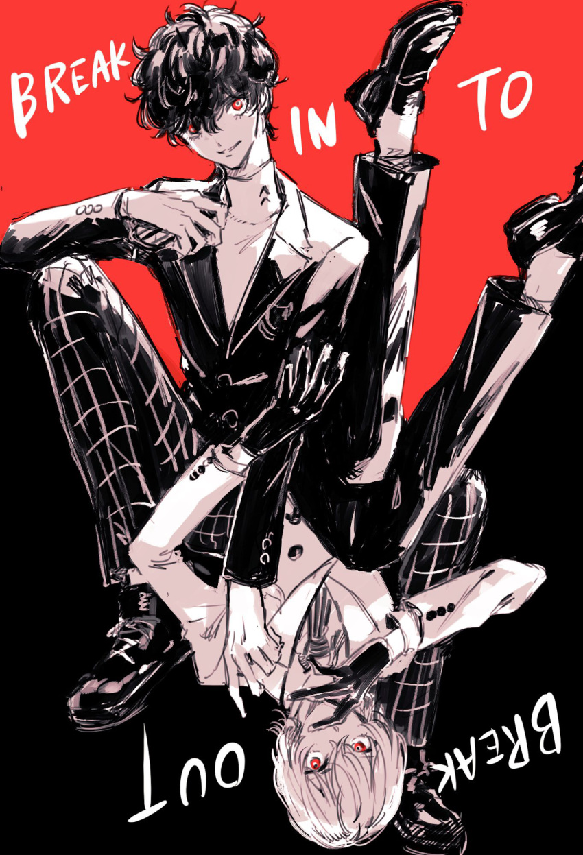 2boys akechi_gorou amamiya_ren bangs english_text gloves greyscale hair_between_eyes highres jacket long_sleeves male_focus monochrome multiple_boys pants parted_lips persona persona_5 red_eyes sawa2 school_uniform shirt shuujin_academy_uniform simple_background spot_color two-tone_background