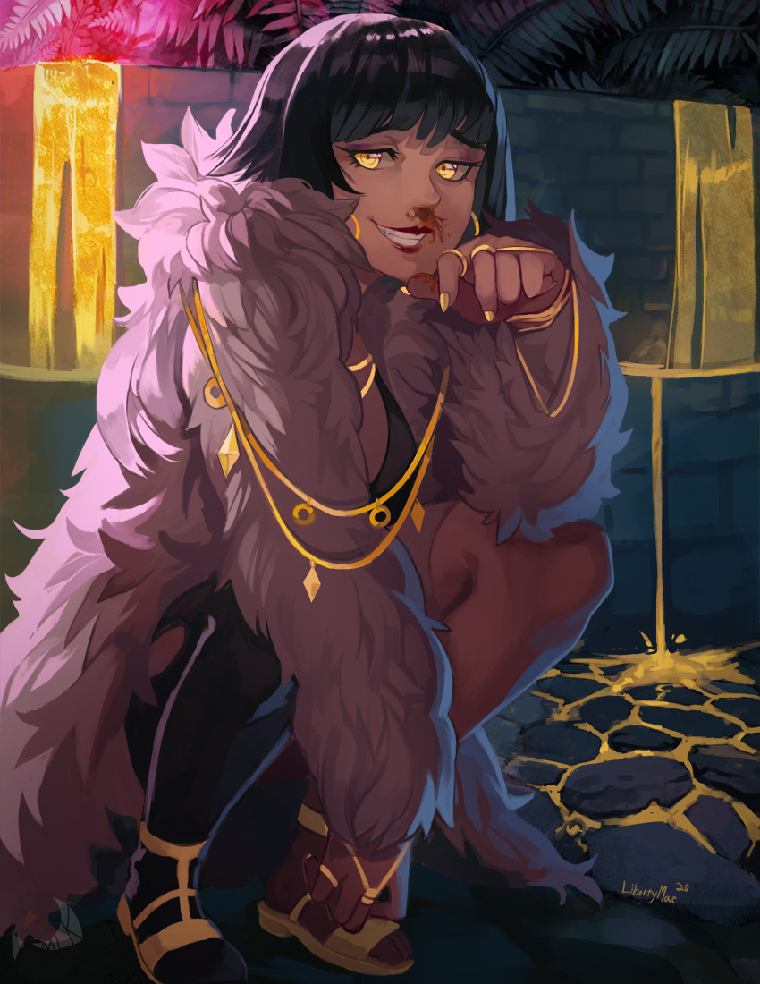 1girl aisha_nejem avatar_(ffxiv) bangs black_hair black_legwear blood breasts chain commission dark-skinned_female dark_skin earrings eyeliner fang final_fantasy final_fantasy_xiv full_body fur_coat gold_chain gold_nails grin highres hoop_earrings jewelry liberty_mae lipstick looking_at_viewer makeup multiple_rings nail_polish nosebleed red_lips ring short_hair single_thighhigh smile solo squatting thigh-highs yellow_eyes