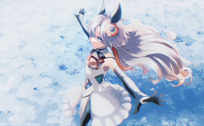 1girl ascot blue_eyes dress elbow_gloves feet_out_of_frame field floating_hair flower flower_field gin_(tttetu123) gloves grey_hair hair_ornament hair_over_one_eye headgear highres isekai_joucho kamitsubaki_studio long_hair multicolored_hair outstretched_arms parted_lips redhead sleeveless sleeveless_dress smile solo spread_arms two-tone_hair virtual_youtuber