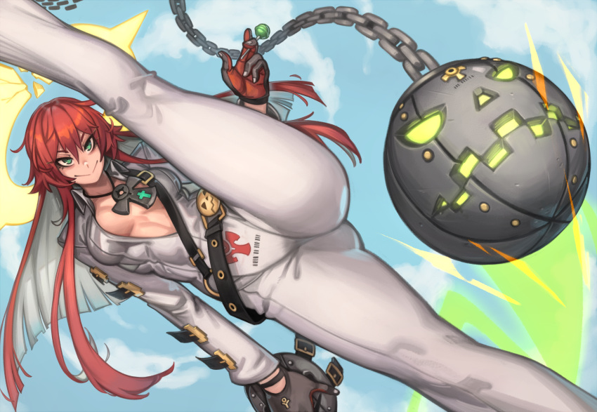 1girl absurdres ankh ankh_necklace belt blue_sky bodysuit breasts breasts_apart broken_halo candy closed_mouth dutch_angle food gloves green_eyes guilty_gear guilty_gear_strive halo highres holding holding_candy holding_food holding_lollipop jack-o'_valentine kelvin_hiu lollipop long_hair medium_breasts multicolored_hair no_bra redhead sky smile solo split standing standing_on_one_leg standing_split strap studded_belt white_bodysuit wrecking_ball