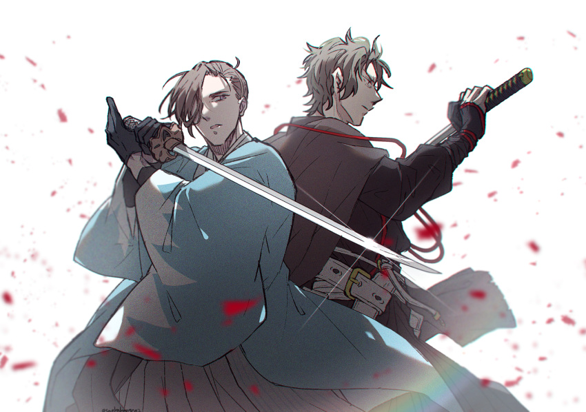 2boys arm_guards back-to-back belt black_eyes black_gloves black_hair black_hakama brown_hair brown_jacket closed_mouth commission falling_petals fate/grand_order fate_(series) feet_out_of_frame fighting_stance glint gloves grey_hakama hair_over_one_eye hair_pulled_back hair_slicked_back hakama haori hijikata_toshizou_(fate) holding holding_sword holding_weapon jacket jacket_on_shoulders japanese_clothes katana legs_apart long_sleeves male_focus masaki_(star8moon) multiple_belts multiple_boys parted_lips petals pixiv_commission profile sanpaku serious shinsengumi short_hair sideways_glance standing sword violet_eyes weapon white_background wide_sleeves yamanami_keisuke_(fate)