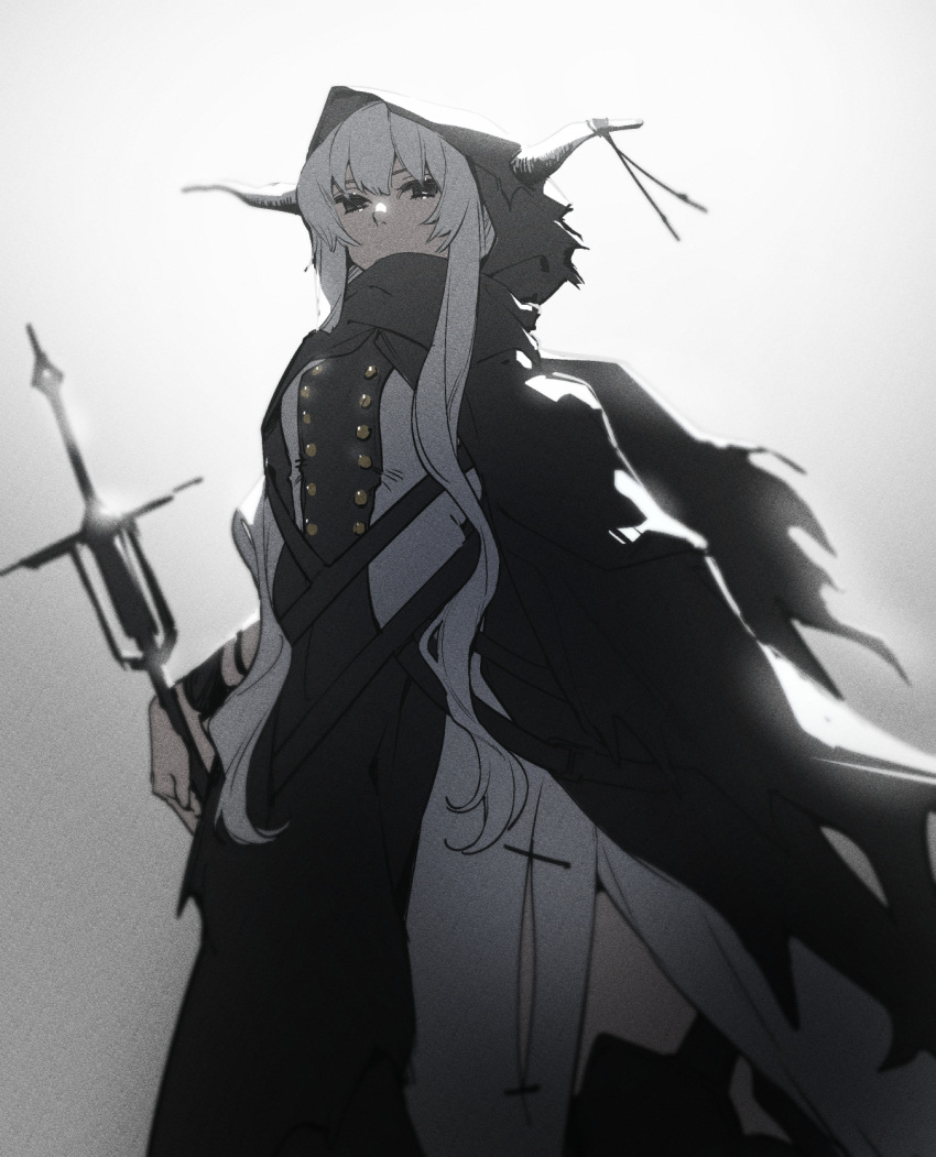 1girl arknights black_eyes buttons double-breasted grey_background grey_hair highres holding hood hood_up horns horns_through_headwear looking_at_viewer mirin_chikuwa shining_(arknights) solo standing tagme