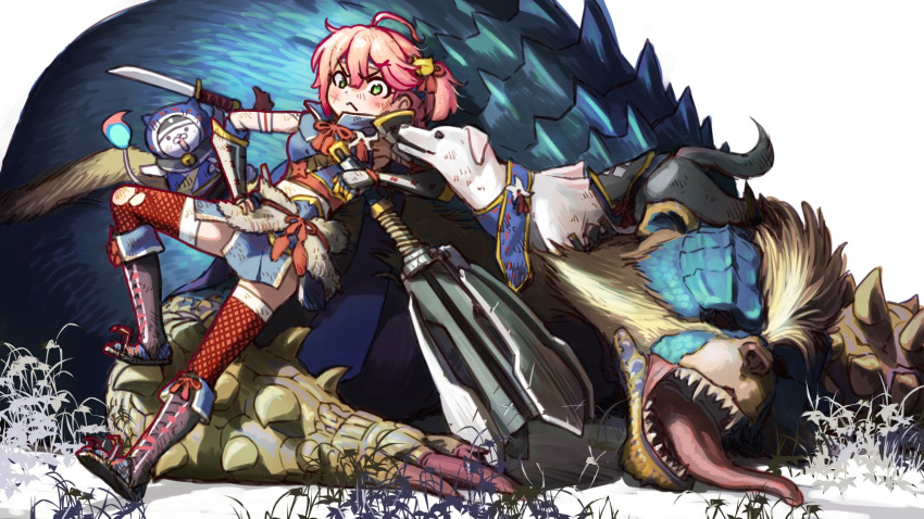 1girl :&lt; ahoge blue_skirt boots character_request closed_mouth dog fold-over_boots frown grass green_eyes highres hololive medium_hair miniskirt monster monster_hunter_(character) monster_hunter_(series) one_side_up pink_hair sabaku_chitai sakura_miko sash short_sword simple_background skirt sword tantou v-shaped_eyebrows weapon white_background