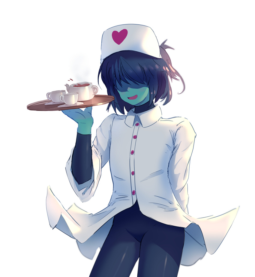 1other aamakuruu androgynous bangs blue_bodysuit blue_hair blue_skin bodysuit colored_skin cup deltarune hair_over_eyes hat highres holding holding_tray kris_(deltarune) nurse nurse_cap open_mouth ponytail shaded_face short_hair skinny smile solo teacup teapot teenage torso tray white_background wind wind_lift