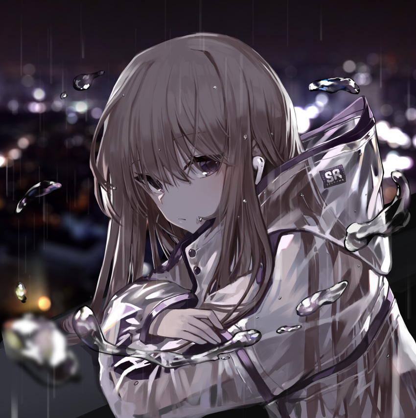 1girl absurdres airpods bangs blurry blush brown_hair closed_mouth depth_of_field eyebrows_visible_through_hair from_side highres jacket long_hair long_sleeves looking_at_viewer looking_to_the_side original outdoors rain see-through seorang solo upper_body violet_eyes