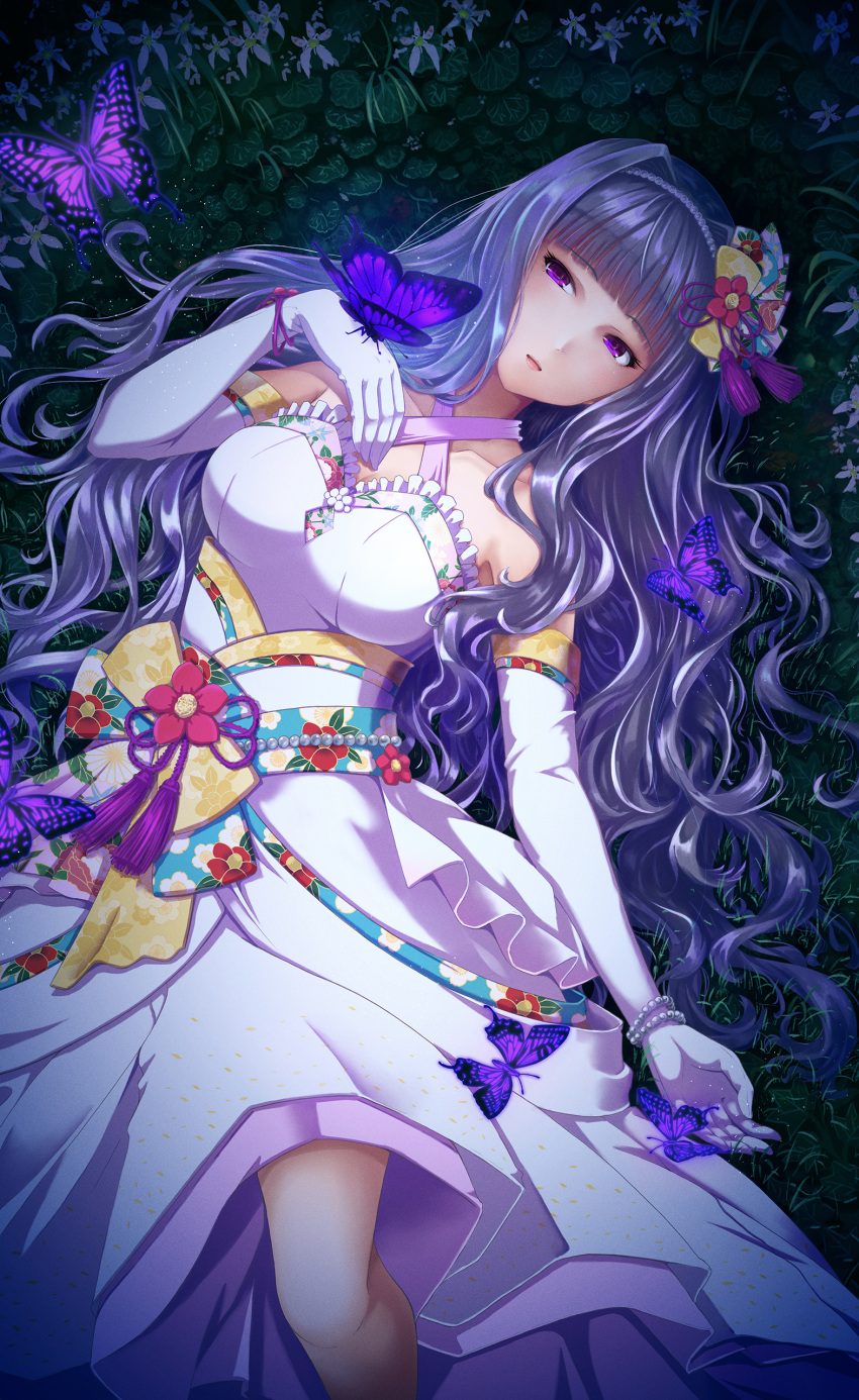 1girl absurdres bangs bare_shoulders bracelet breasts bug butterfly dress elbow_gloves eyebrows_visible_through_hair flower gloves hair_ornament hairband highres idolmaster idolmaster_million_live! idolmaster_million_live!_theater_days jewelry long_hair lying medium_breasts on_grass purple_butterfly shijou_takane sidelocks solo usual violet_eyes white_dress white_gloves