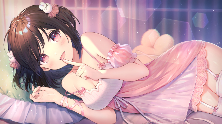 1girl :d absurdres babydoll bangs bed black_hair breasts collarbone commentary_request curtains finger_to_mouth garter_straps hair_ornament highres indoors lens_flare looking_at_viewer lying medium_breasts oli on_bed on_side open_mouth original pillow red_eyes short_hair smile stuffed_animal stuffed_toy thigh-highs twintails white_legwear