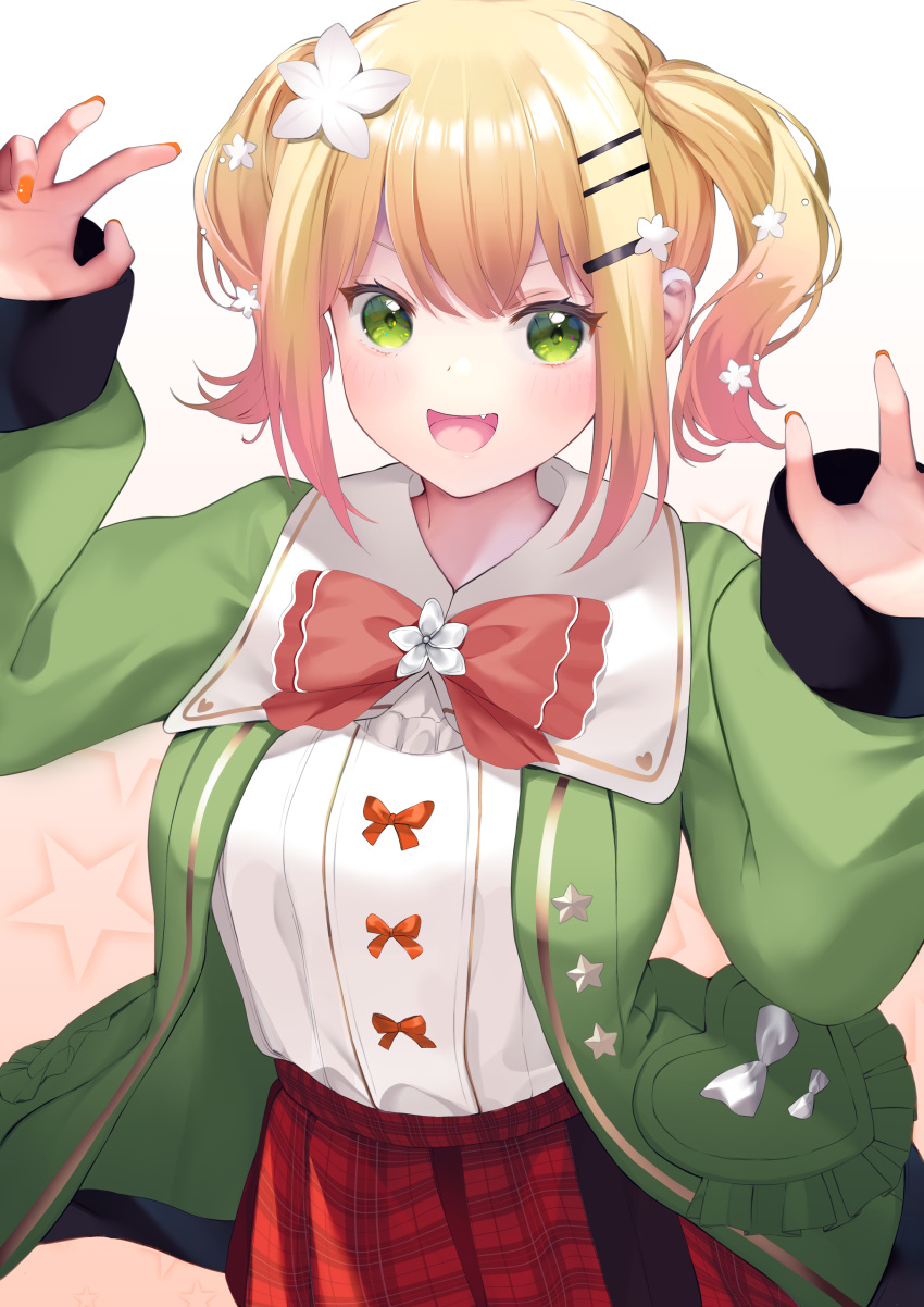 1girl :d absurdres bangs blonde_hair breasts fang flower green_eyes green_jacket hair_flower hair_ornament hairclip hands_up highres hololive jacket looking_at_viewer momosuzu_nene multicolored_hair open_mouth orange_hair orange_nails pink_hair pleated_skirt puffy_sleeves red_skirt ribbon-trimmed_clothes ribbon_trim shirt short_hair side_ponytail sidelocks simple_background skirt smile solo star_(symbol) star_print streaked_hair tongue vellqtrix virtual_youtuber white_shirt