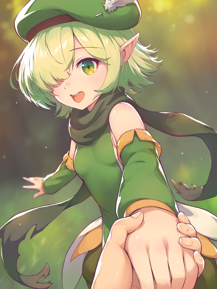 1girl 1other aoi_(princess_connect!) bare_shoulders beret blurry blush breasts depth_of_field detached_sleeves elf green_eyes green_headwear green_scarf green_shirt green_shorts green_sleeves hair_over_one_eye hat hat_feather highres holding_hands light_green_hair looking_at_viewer open_mouth outdoors pointy_ears pov princess_connect! puffy_shorts scarf shirt short_hair shorts sleeveless sleeveless_shirt small_breasts smile solo_focus yako_noir_(kei-ne)
