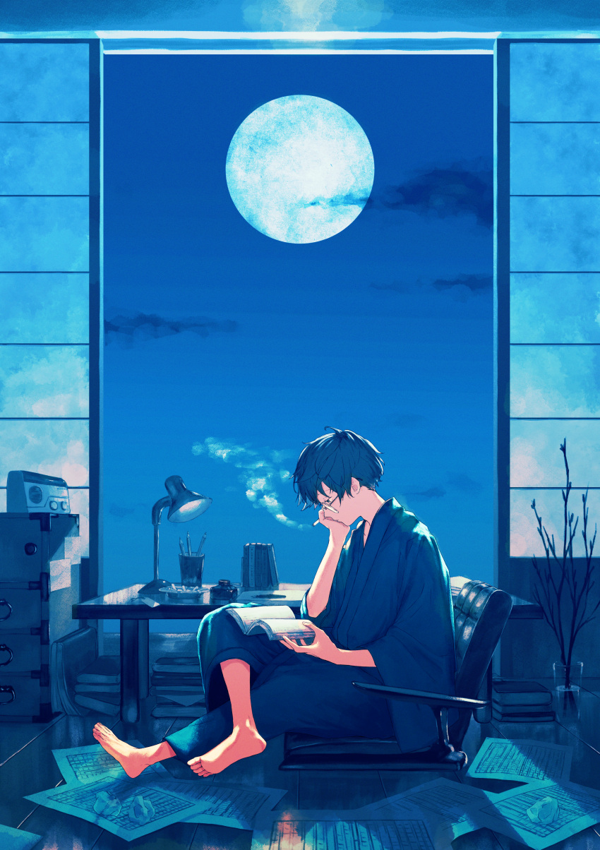 1boy absurdres ashtray barefoot black_hair blue_kimono blue_theme book book_stack branch cigarette commentary_request crumpled_paper desk_lamp from_side glasses head_rest highres indoors inkwell japanese_clothes kimono lamp male_focus moon night night_sky open_book original papers pencil profile radio reading short_hair sitting sky smoke smoking soles solo table toes vase yog_harukawa