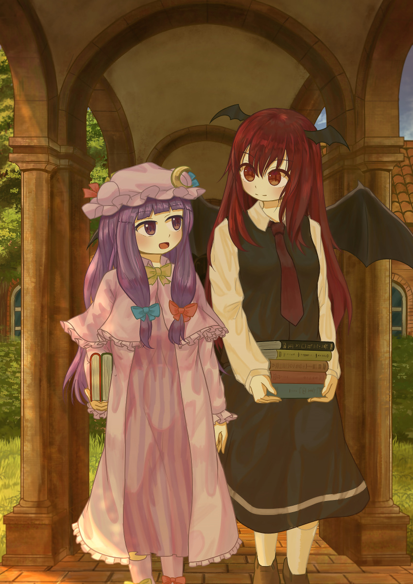 2girls :d absurdres bangs bat_wings black_skirt black_vest blue_bow blunt_bangs blush book book_stack bow brick_floor brick_wall brown_footwear capelet commentary_request crescent crescent_hat_ornament dress ekaapetto eyebrows_visible_through_hair frilled_capelet frilled_sleeves frills full_body grass hair_between_eyes hair_ribbon hat hat_bow hat_ornament head_wings height_difference highres holding holding_book koakuma long_hair long_sleeves looking_at_another mob_cap multiple_girls necktie outdoors partial_commentary patchouli_knowledge pillar purple_capelet purple_dress purple_hair red_bow red_eyes red_neckwear redhead ribbon scarlet_devil_mansion shirt sidelocks skirt skirt_set sky slit_pupils smile striped striped_dress tile_roof touhou tree tress_ribbon vaulted_ceiling vertical-striped_dress vertical_stripes very_long_hair vest violet_eyes white_legwear white_shirt window wings