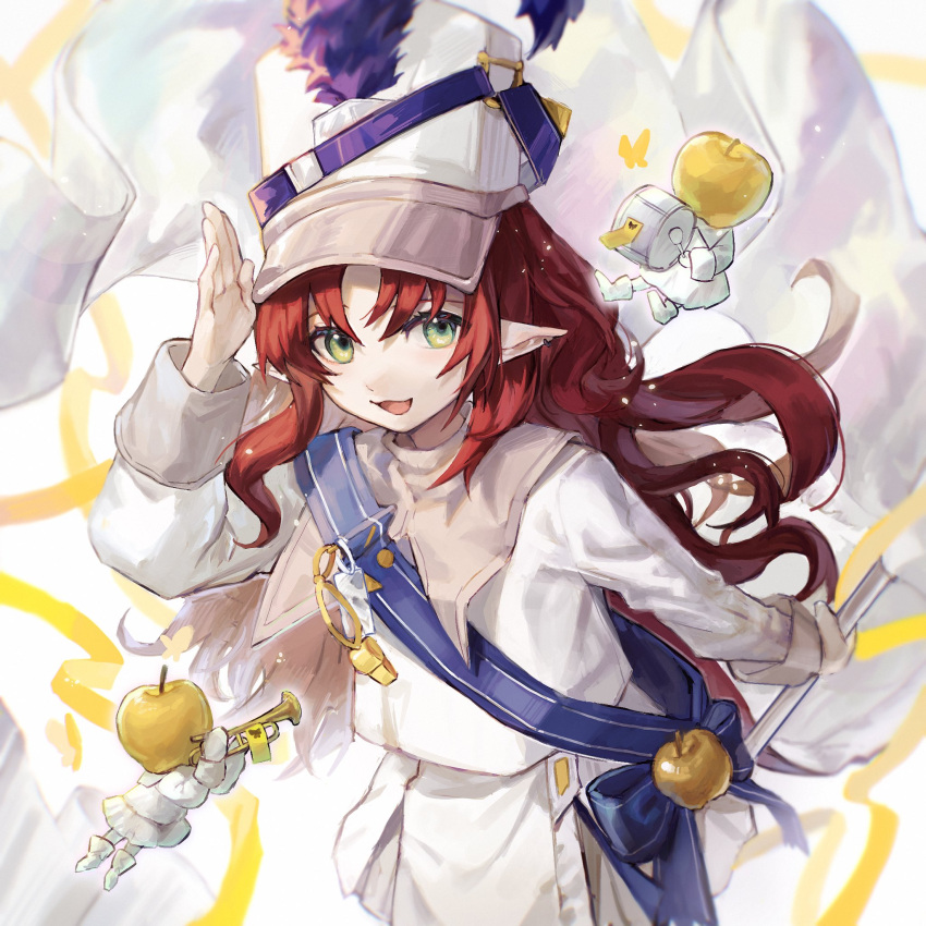 1girl apple arknights cape drum drum_major drumsticks flag food fruit golden_apple green_eyes hat highres holding holding_flag instrument long_hair long_sleeves looking_at_viewer mayf42 myrtle_(arknights) myrtle_(light_gold_celebration)_(arknights) official_alternate_costume open_mouth pointy_ears redhead smile trumpet white_cape white_flag white_headwear
