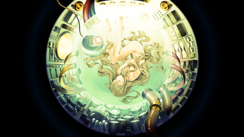 1girl ass breasts cable closed_eyes completely_nude fetal_position full_body highres knees_on_chest light_brown_hair long_hair machine machine_child nude orb oyari_ashito sleeping small_breasts solo submerged switch tube upside-down very_long_hair wavy_hair