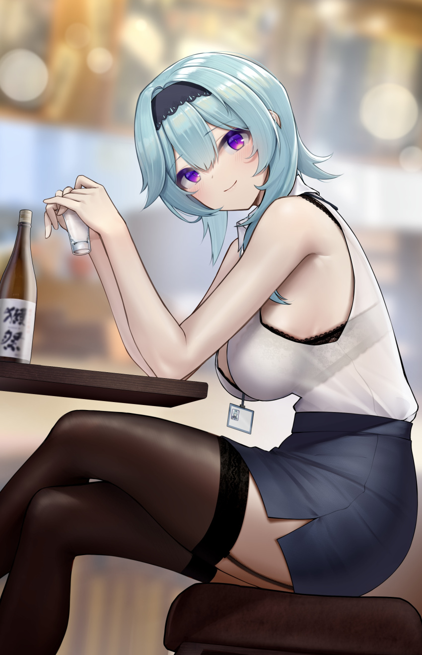 1girl absurdres bangs bare_arms black_bra black_hairband blue_hair blue_skirt blush bottle bra bra_through_clothes breasts brown_legwear closed_mouth commentary_request crossed_legs cup drink eula_(genshin_impact) eyebrows_visible_through_hair feet_out_of_frame from_side garter_straps genshin_impact hair_between_eyes hairband highres holding holding_cup id_card large_breasts leaning_forward long_hair looking_at_viewer looking_to_the_side pencil_skirt shirt sitting skirt sleeveless sleeveless_shirt smile solo table terebi_(shimizu1996) thigh-highs underwear violet_eyes white_shirt