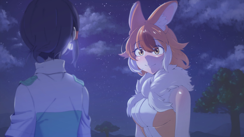 absurdres animal_ears bare_shoulders black_hair blush brown_eyes brown_shirt captain_(kemono_friends) commentary_request dhole_(kemono_friends) dog_ears dog_girl eyebrows_visible_through_hair fur_collar gm_(ggommu) hair_tie highres kemono_friends kemono_friends_3 khakis light_brown_hair looking_at_another multicolored_hair night night_sky shirt short_hair sky sleeveless star_(sky) two-tone_hair two-tone_shirt uniform white_fur white_hair white_shirt