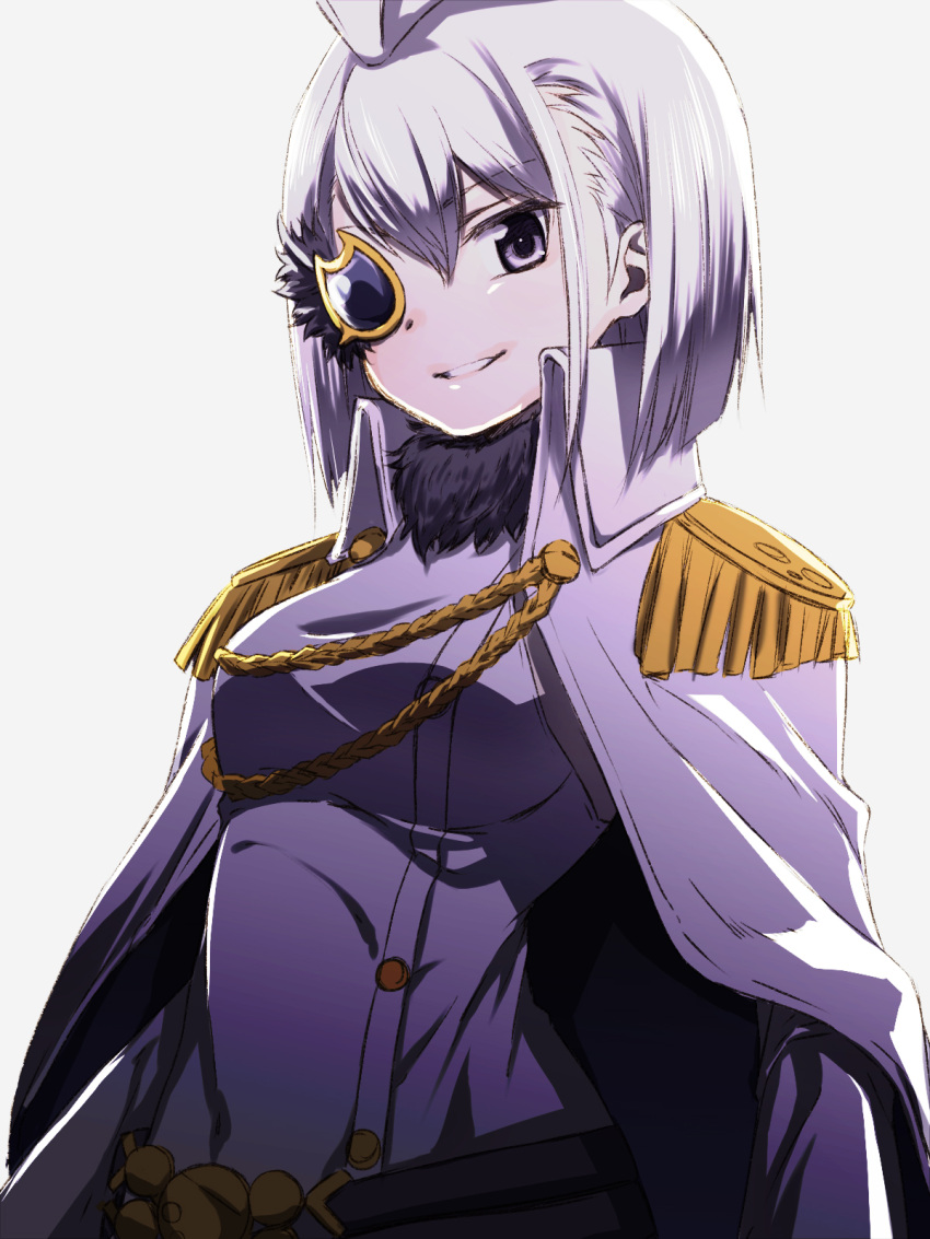 1girl cape grey_eyes highres izumi_kanagi looking_at_viewer magia_record:_mahou_shoujo_madoka_magica_gaiden magical_girl mahou_shoujo_madoka_magica military military_uniform one_eye_covered renji_(orange_ize) short_hair smile solo uniform white_background white_hair