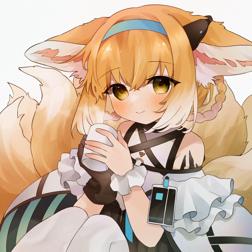 1girl animal_ear_fluff animal_ears arknights bangs bare_shoulders black_gloves blonde_hair blue_hairband blush braid brown_eyes closed_mouth commentary_request cup eyebrows_visible_through_hair fox_ears fox_girl fox_tail gloves gradient_hair grey_background hair_between_eyes hair_rings hairband highres holding holding_cup knees_up kyuubi looking_at_viewer mug multicolored_hair multiple_tails pantyhose shirt simple_background single_glove single_wrist_cuff sitting smile solo steam suzuran_(arknights) tail takumi_mizuki twin_braids white_hair white_legwear white_shirt wrist_cuffs