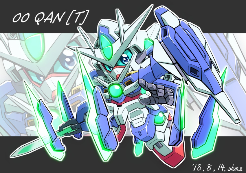 00_qan[t] blade blue_eyes character_name chibi colored_sclera commentary dated english_text funnels green_sclera gundam gundam_00 gundam_00_a_wakening_of_the_trailblazer looking_at_viewer mecha mobile_suit no_humans science_fiction sd_gundam shield shokkaa_(shmz61312) solo sword v-fin weapon