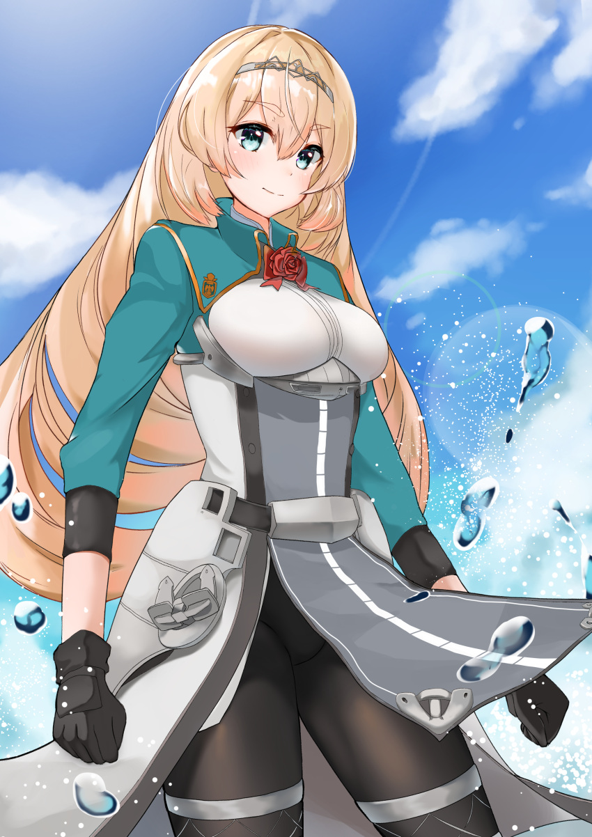 1girl absurdres aqua_eyes black_gloves black_legwear blonde_hair blue_sky breasts clouds corset cropped_jacket day dress_shirt flower gloves green_jacket highres jacket kantai_collection long_hair medium_breasts outdoors overskirt pantyhose pelvic_curtain red_flower red_rose rose shirt sing152 skirt sky solo standing tiara underskirt victorious_(kancolle) white_shirt white_skirt