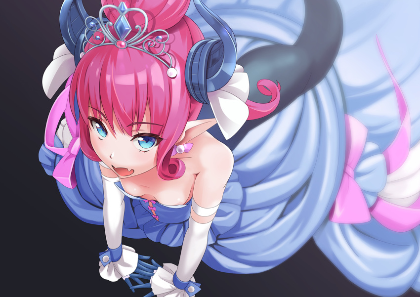 1girl blue_dress blue_eyes blue_horns breasts curled_horns detached_sleeves dragon_girl dragon_horns dragon_tail dress earrings elizabeth_bathory_(cinderella_rider)_(fate) elizabeth_bathory_(fate) fate/grand_order fate_(series) from_above horns jewelry long_hair pink_hair pointy_ears small_breasts solo tail tiara wapokichi white_sleeves