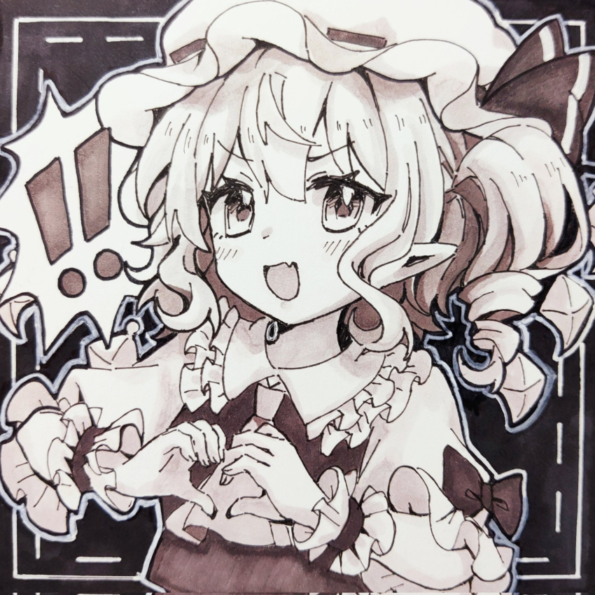 ! !! 1girl ascot black_background blush corrupted_twitter_file crystal_wings enokishima fang flandre_scarlet frilled_shirt_collar frilled_wrist_cuffs frills hat hat_ribbon heart highres looking_at_viewer mob_cap monochrome open_mouth puffy_short_sleeves puffy_sleeves ribbon shirt short_hair short_sleeves side_ponytail simple_background skin_fang sleeve_bow solo touhou traditional_media upper_body wings wrist_cuffs
