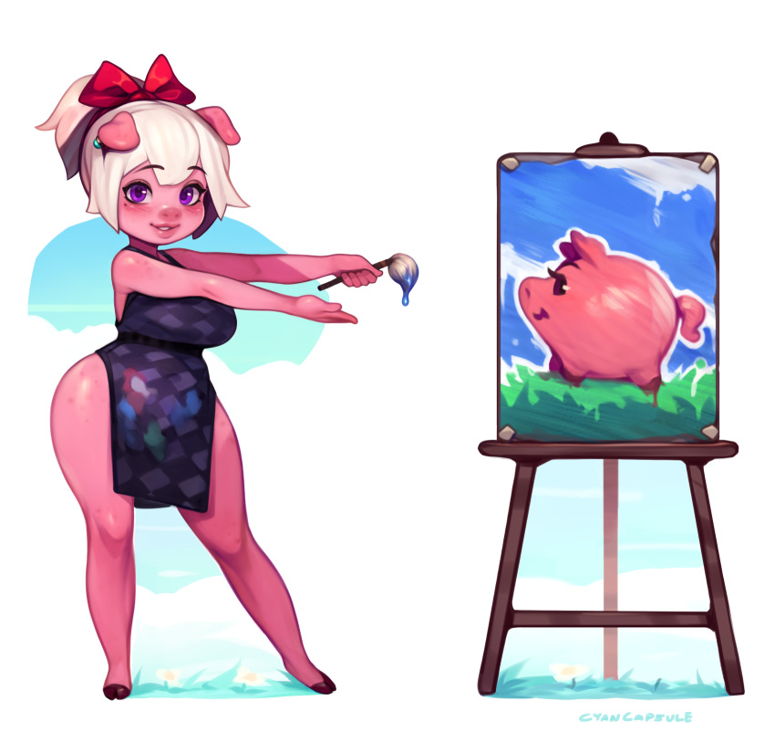 1girl animal_ears blonde_hair blush bow breasts colored_skin contrapposto cyancapsule dress easel emelie_(cyancapsule) furry furry_female hair_bow highres holding hooves large_breasts looking_at_viewer mole mole_under_eye original paintbrush painting_(object) pig pig_ears pig_girl pink_skin pointy_ears purple_dress red_bow signature smile snout solo violet_eyes