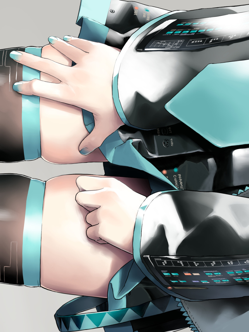 1girl aqua_nails aqua_neckwear belt black_legwear black_skirt black_sleeves close-up commentary grey_background grey_shirt hands_on_own_thighs hatsune_miku highres miniskirt nail_polish necktie pleated_skirt rsk_(tbhono) shiny shiny_clothes shirt sideways skindentation skirt solo thigh-highs thighs tight vocaloid zettai_ryouiki