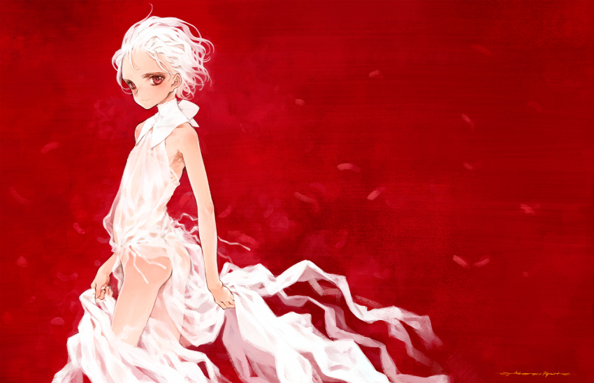 1girl absurdres ass bare_shoulders blush collared_dress dated dress feathers feet_out_of_frame flat_chest hair_pulled_back highres looking_at_viewer original oyari_ashito red_background red_eyes redrawn see-through see-through_dress short_hair signature simple_background sleeveless sleeveless_dress smile solo white_dress white_hair