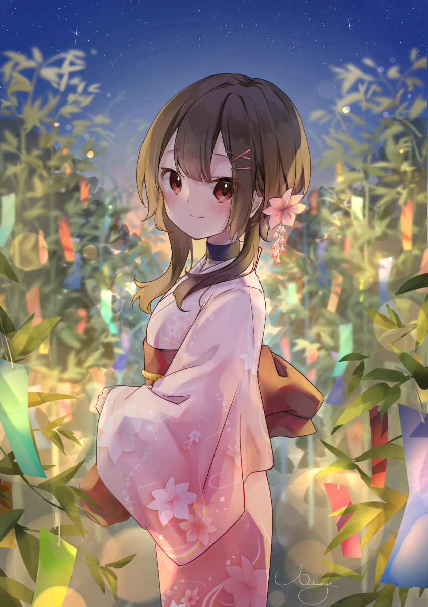 1girl bamboo bangs black_choker black_hair blunt_bangs blurry blush bokeh choker closed_mouth cowboy_shot depth_of_field floral_print flower from_side hair_flower hair_ornament highres japanese_clothes kimono kono_subarashii_sekai_ni_shukufuku_wo! long_sleeves looking_at_viewer looking_to_the_side megumin night nut_megu pink_kimono red_eyes short_hair short_hair_with_long_locks signature sky smile solo standing star_(sky) starry_sky tanzaku x_hair_ornament yukata