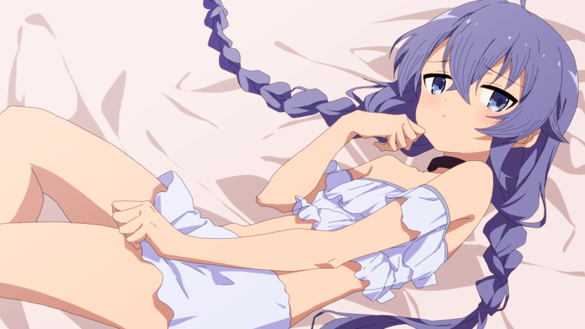 1girl ahoge bangs bare_shoulders bed_sheet black_collar blue_eyes blue_hair braid closed_mouth collar commentary_request eyebrows_visible_through_hair feet_out_of_frame hair_between_eyes hand_up long_hair looking_at_viewer low_twintails lying mushoku_tensei on_back oueo roxy_migurdia skirt solo twin_braids twintails very_long_hair white_skirt