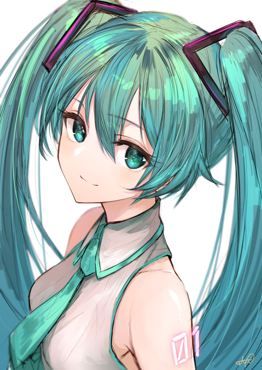 1girl aqua_necktie bangs bare_shoulders breasts closed_mouth collared_shirt commentary_request eyebrows_visible_through_hair green_eyes green_hair hair_between_eyes hatsune_miku highres jazztaki long_hair looking_at_viewer necktie shirt signature simple_background sleeveless sleeveless_shirt small_breasts smile solo twintails upper_body vocaloid white_background white_shirt