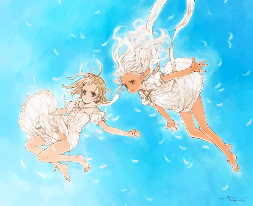 2girls ankle_ribbon bare_legs barefoot blonde_hair blue_hair blue_sky brown_eyes dark-skinned_female dark_elf dark_skin dated dress elf feathers flat_chest floating_hair flying full_body highres long_hair multiple_girls neck_ribbon no_panties open_mouth original outstretched_arms oyari_ashito parted_lips pointy_ears redrawn ribbon see-through_dress short_hair short_sleeves signature sky smile white_dress white_hair white_ribbon