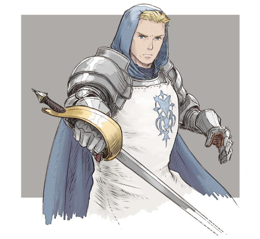 1boy armor blonde_hair blue_cape cape fighting_stance gauntlets green_eyes grey_background highres holding holding_sword holding_weapon hood lans_hamilton male_focus serious solo sword tactics_ogre weapon windcaller
