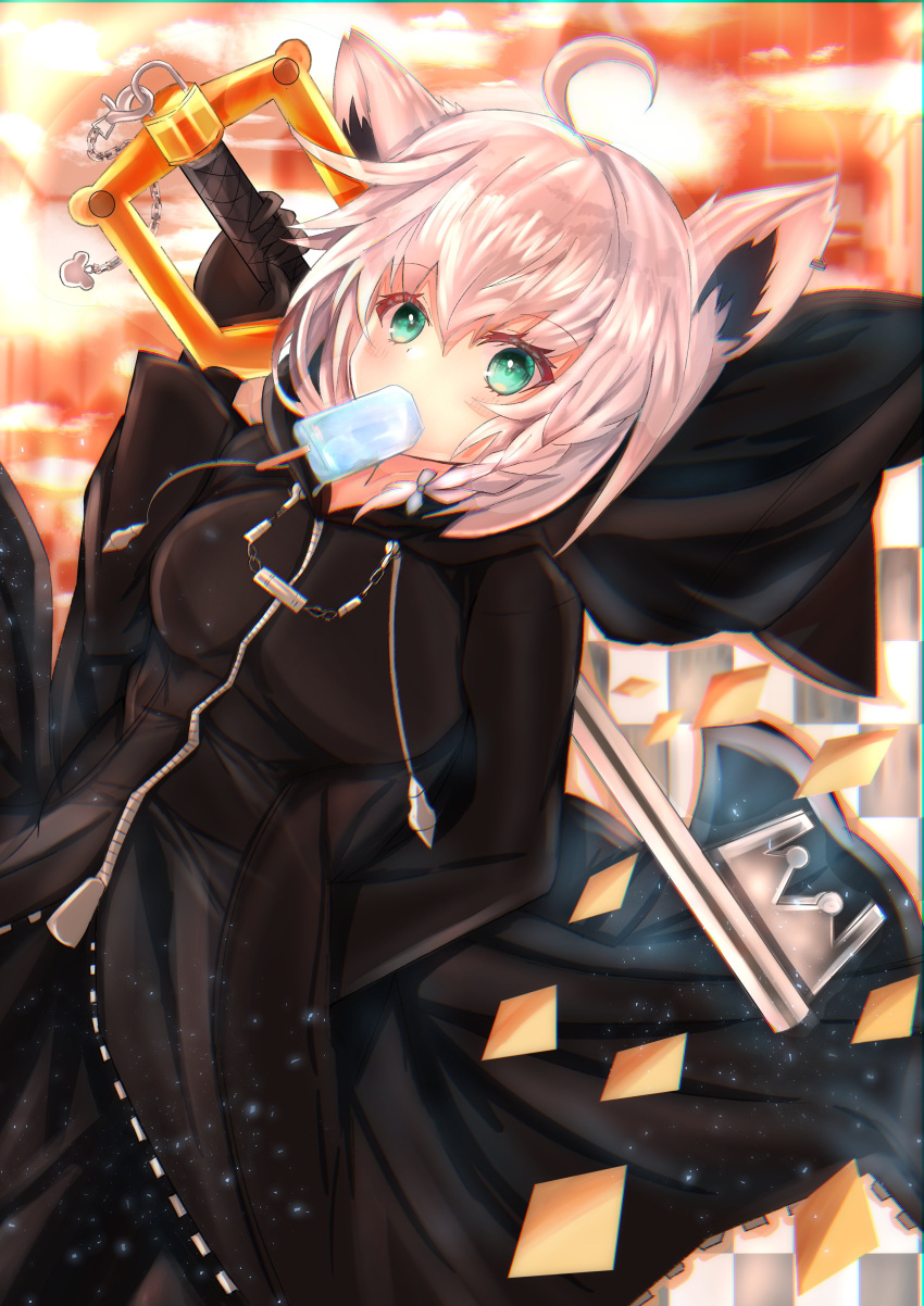 1girl absurdres ahoge animal_ear_fluff animal_ears arm_up bangs black_gloves black_hoodie blurry blurry_background blush braid breasts commentary_request earrings eyebrows_visible_through_hair food food_in_mouth fox_ears fox_girl gloves green_eyes hair_between_eyes highres holding holding_sword holding_weapon hololive hood hoodie jewelry keyblade kingdom_hearts light_particles long_sleeves looking_at_viewer medium_breasts popsicle shirakami_fubuki sidelocks single_braid solo soma443 sword virtual_youtuber weapon white_hair