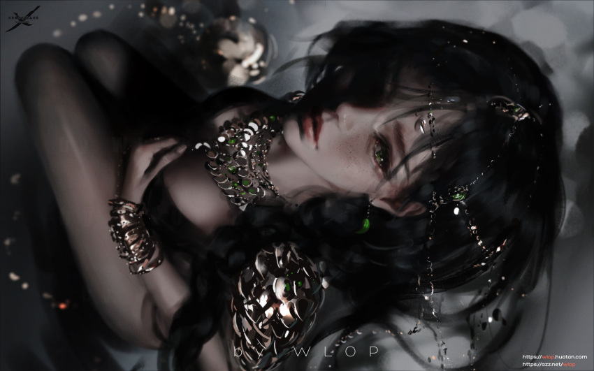 1girl artist_name bangs black_hair bracelet breasts chain earrings from_above ghostblade gold_chain green_eyes head_chain highres jewelry long_hair looking_at_viewer looking_up magatama magatama_earrings medium_breasts necklace patreon_username princess_aeolian red_lips solo watermark web_address wlop