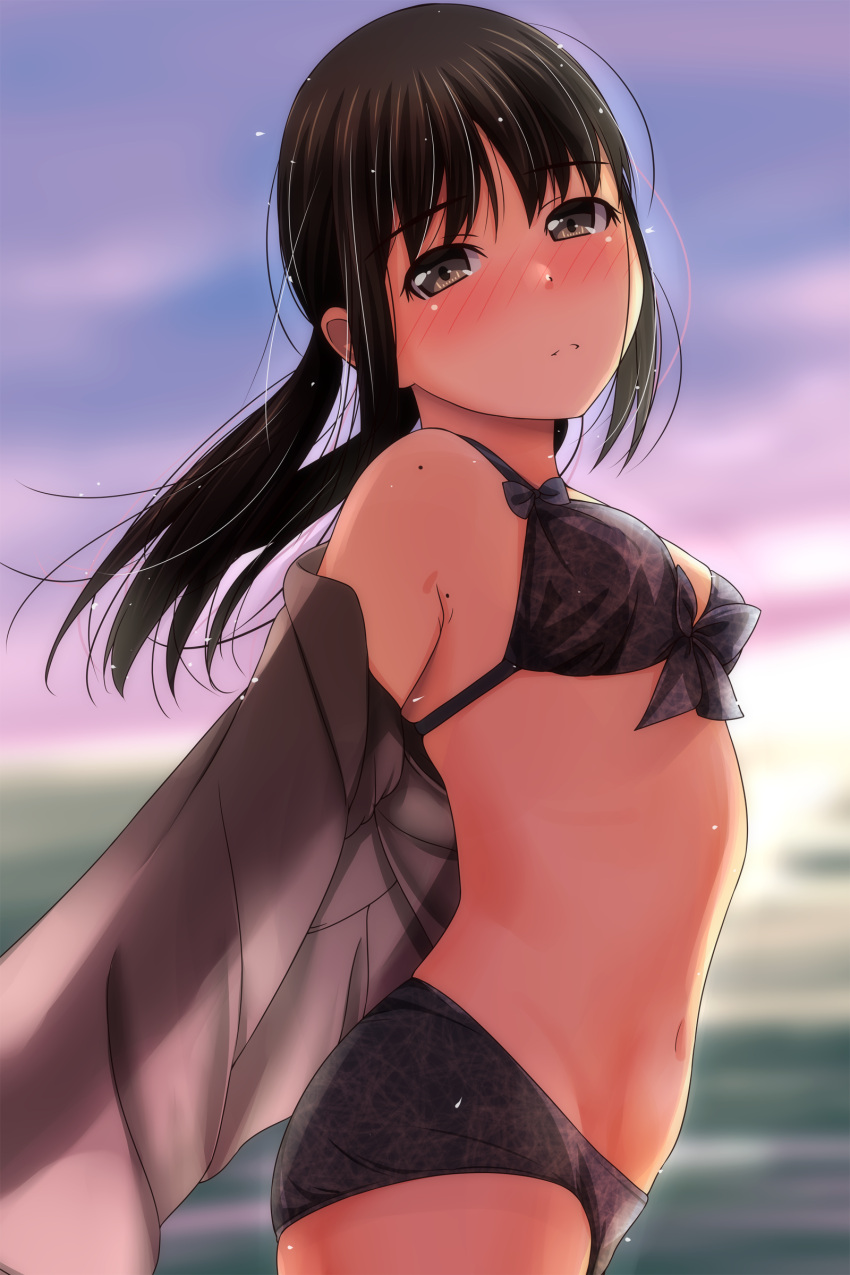 1girl absurdres bangs bare_shoulders bikini black_bikini black_hair blurry blurry_background blush breasts brown_eyes depth_of_field eyebrows_visible_through_hair from_side half-closed_eyes highres horizon long_hair looking_at_viewer looking_to_the_side low_twintails matsunaga_kouyou mole_on_shoulder nose_blush ocean off_shoulder original parted_lips small_breasts solo swimsuit twintails