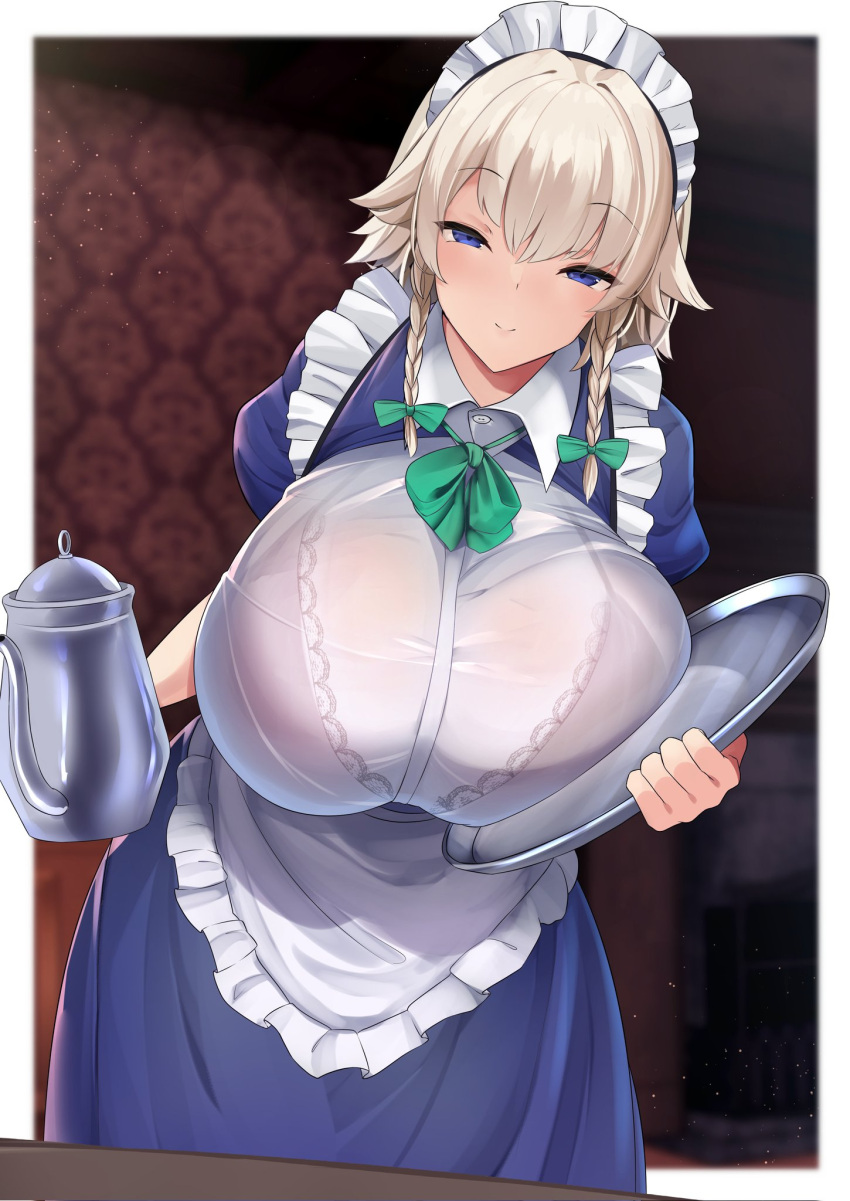 1girl alternate_breast_size apron bangs blue_eyes blurry blurry_background blush braid breasts buttons collared_shirt commentary_request eyebrows_visible_through_hair frills green_neckwear green_ribbon hair_ribbon highres huge_breasts izayoi_sakuya looking_at_viewer maid maid_apron maid_headdress plate puffy_short_sleeves puffy_sleeves ribbon see-through shirt short_sleeves sidelocks silver_hair sinkai smile solo standing teapot touhou tress_ribbon twin_braids upper_body waist_apron white_apron white_shirt window wing_collar