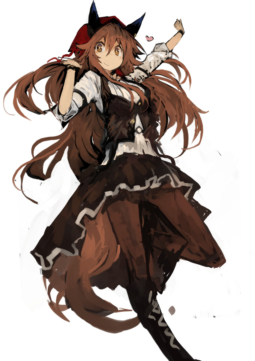 1girl absurdres animal_ears arm_up bandana bangs black_footwear boots borrowed_character brown_eyes brown_hair brown_skirt brown_vest eyebrows_visible_through_hair fake_animal_ears feet_out_of_frame hair_between_eyes hand_up heart highres kaamin_(mariarose753) knee_boots long_hair looking_at_viewer original pantyhose shirt skirt smile solo standing standing_on_one_leg tail tsana_(lansane) vest white_background white_shirt wolf_tail wristband